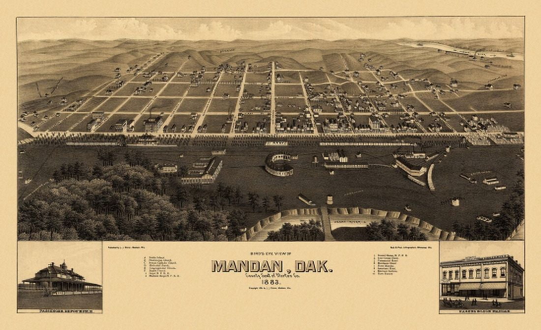 Vintage Map of Mandan North Dakota 1883 Morton County Canvas Art - (18 x 24)