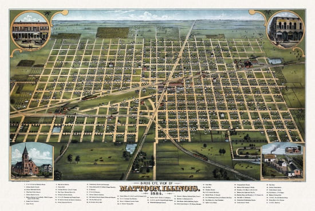 Vintage Map of Mattoon Illinois 1884 Coles County Canvas Art - (36 x 54)