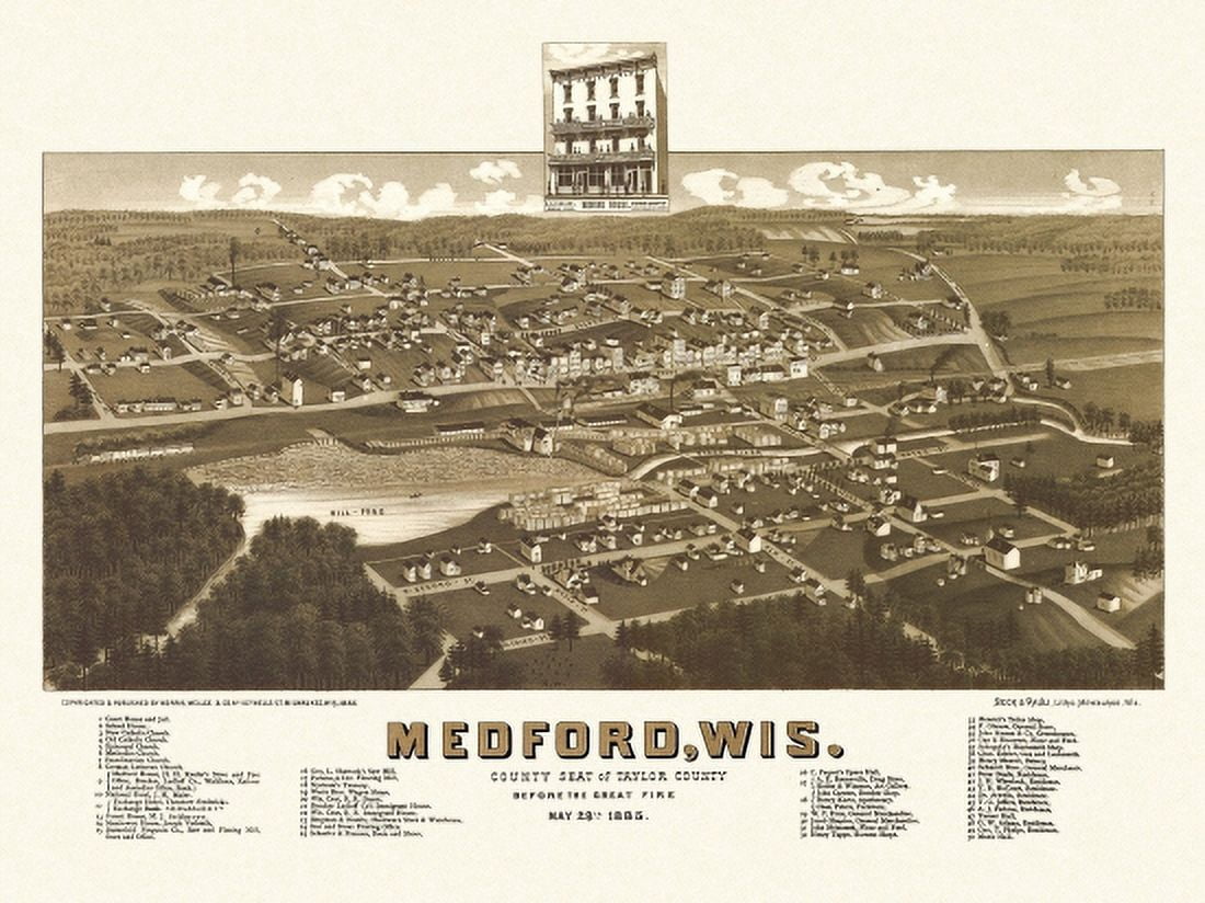 Vintage Map of Medford Wisconsin 1885 Taylor County Canvas Art - (36 x 54)