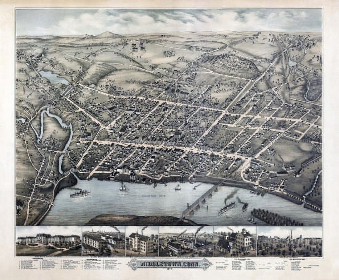 Vintage Map of Middletown Connecticut 1877 Middlesex County Canvas Art - (18 x 24)