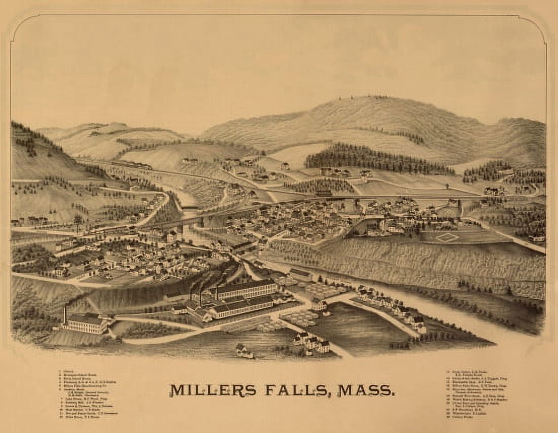 Vintage Map of Millers Falls Massachusetts 1886 Franklin County Canvas Art - (24 x 36)