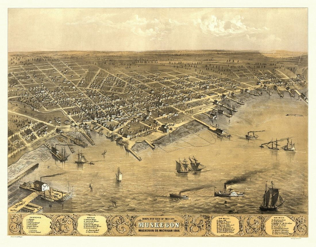Vintage Map of Muskegon Michigan 1868 Muskegon County Canvas Art - (36 x 54)