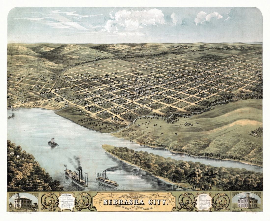 Vintage Map of Nebraska City Nebraska 1868 Otoe County Canvas Art - (18 x 24)