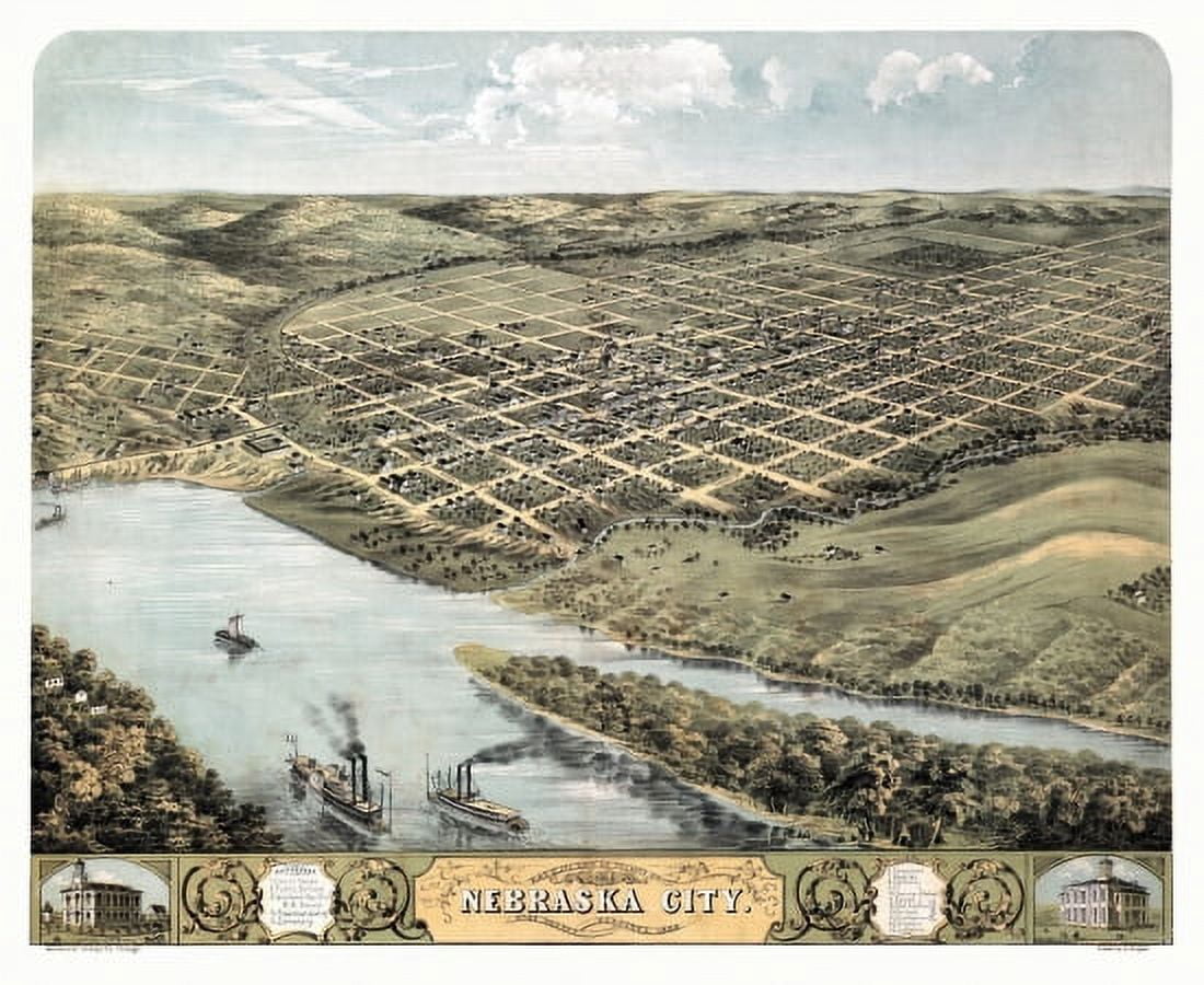 Vintage Map of Nebraska City Nebraska 1868 Otoe County Canvas Art - (36 x 54)