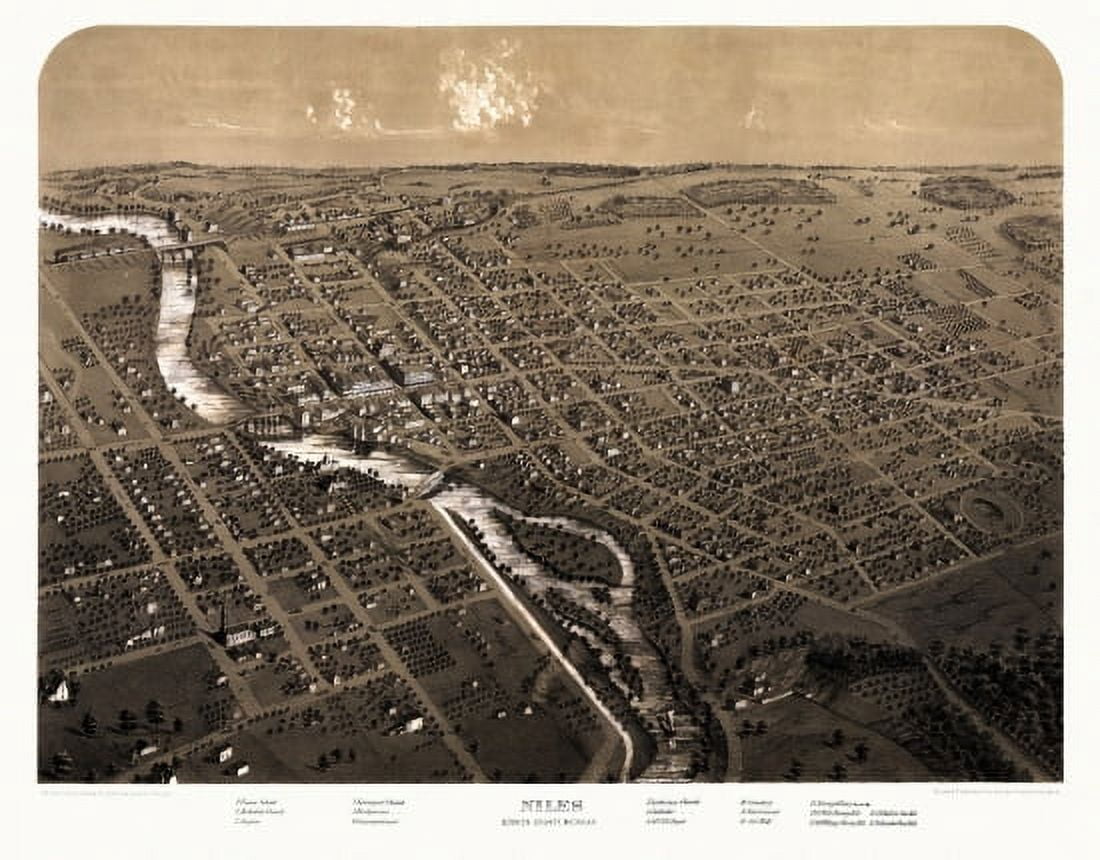 Vintage Map of Niles Michigan 1868 Berrien County Canvas Art - (24 x 36)