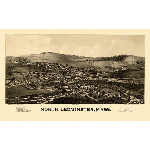 Vintage Map of North Leominster Massachusetts 1887 Worcester County Canvas Art - (24 x 36)