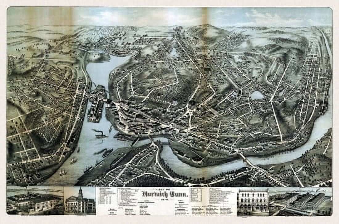Vintage Map of Norwich Connecticut 1876 New London County Canvas Art - (24 x 36)