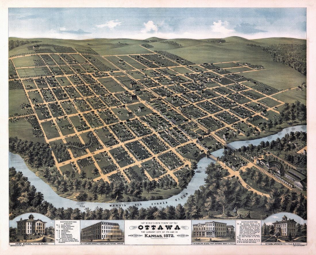 Vintage Map of Ottawa Kansas 1872 Franklin County Canvas Art - (18 x 24)