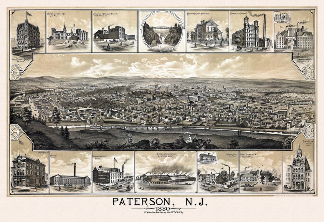 Vintage Map of Paterson New Jersey 1880 Passaic County Canvas Art - (18 x 24)
