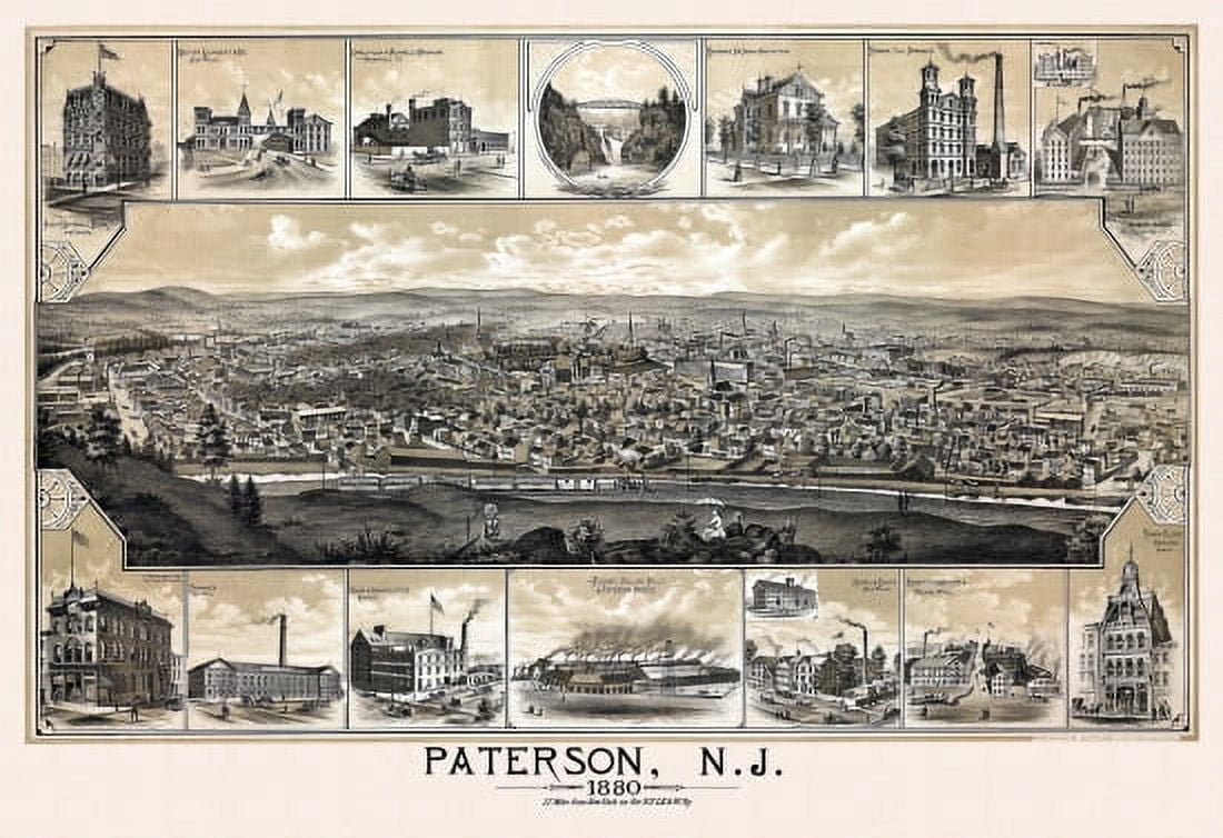 Vintage Map of Paterson New Jersey 1880 Passaic County Canvas Art - (36 x 54)