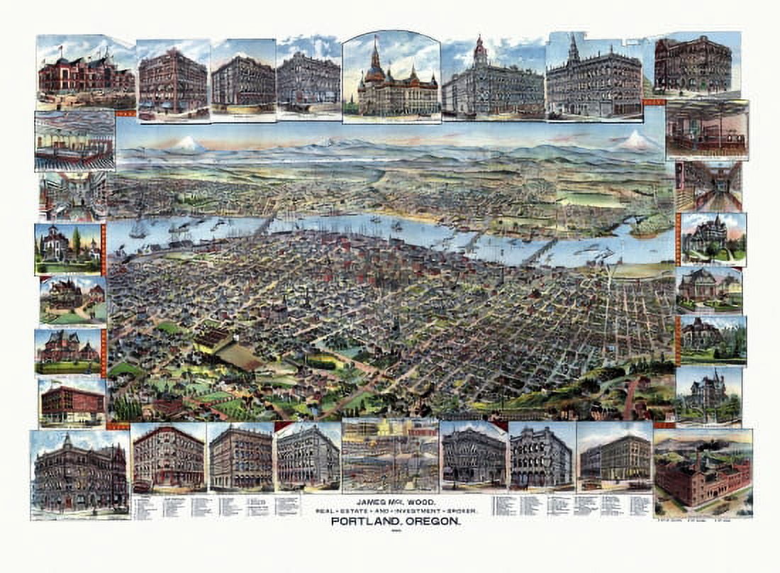 Vintage Map of Portland Oregon 1890 Clackamas County Canvas Art -  (24 x 36)