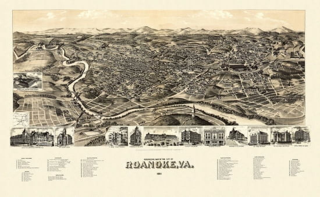 Vintage Map of Roanoke Virginia 1891 City Of Roanoke County Canvas Art - (24 x 36)