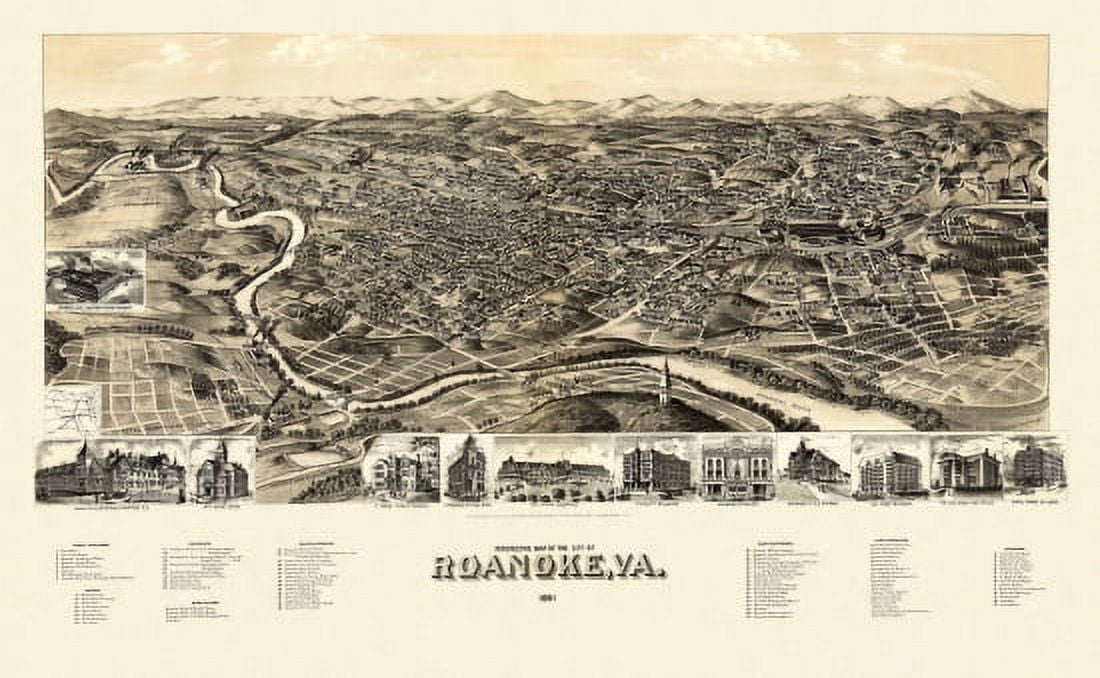 Vintage Map of Roanoke Virginia 1891 City Of Roanoke County Canvas Art - (36 x 54)