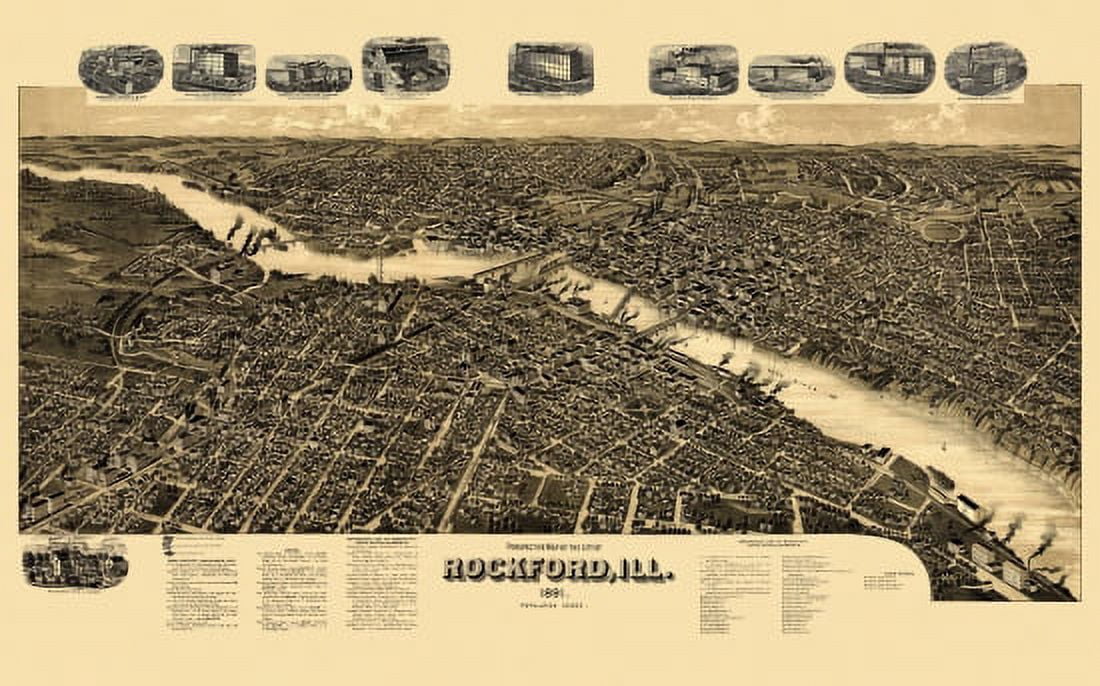 Vintage Map of Rockford Illinois 1891 Winnebago County Canvas Art - (24 x 36)