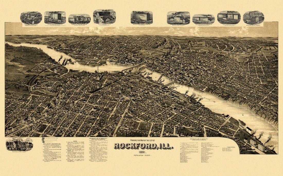 Vintage Map of Rockford Illinois 1891 Winnebago County Canvas Art - (36 x 54)