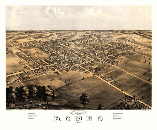 Vintage Map of Romeo Michigan 1868 Macomb County Canvas Art - (24 x 36)