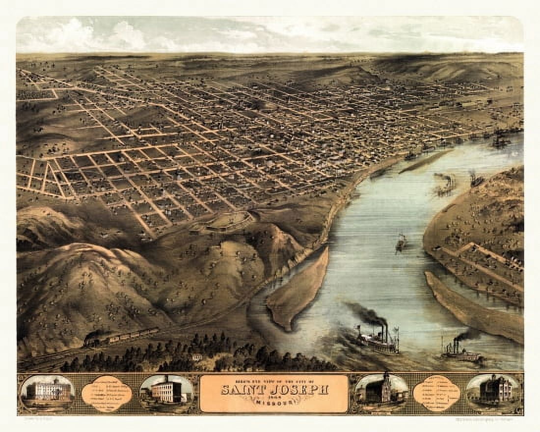 Vintage Map of Saint Joseph Missouri 1868 Buchanan County Canvas Art - (36 x 54)