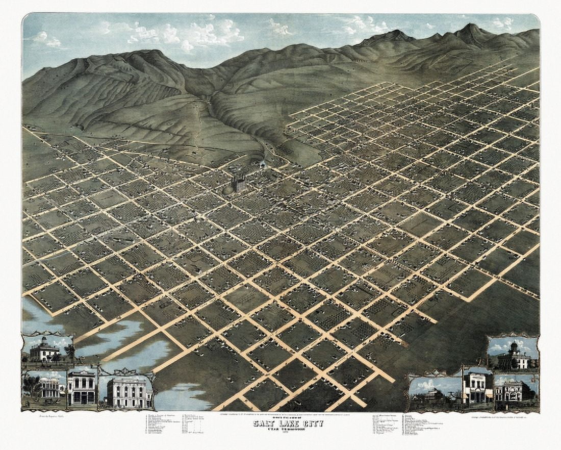 Vintage Map of Salt Lake City Utah 1870 Salt Lake County Canvas Art - (24 x 36)