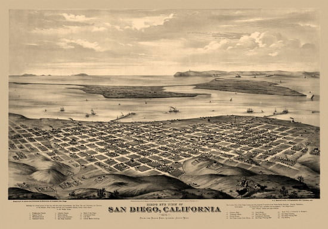 Vintage Map of San Diego California 1876 San Diego County Canvas Art - (24 x 36)