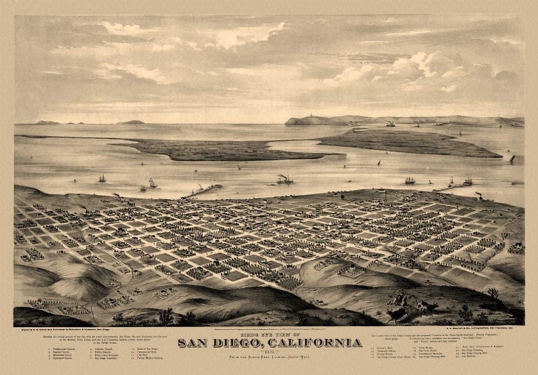 Vintage Map of San Diego California 1876 San Diego County Canvas Art - (36 x 54)