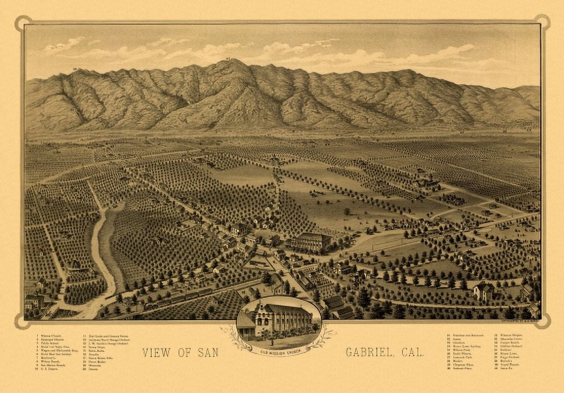 Vintage Map of San Gabriel California 1893 Los Angeles County Canvas Art - (36 x 54)