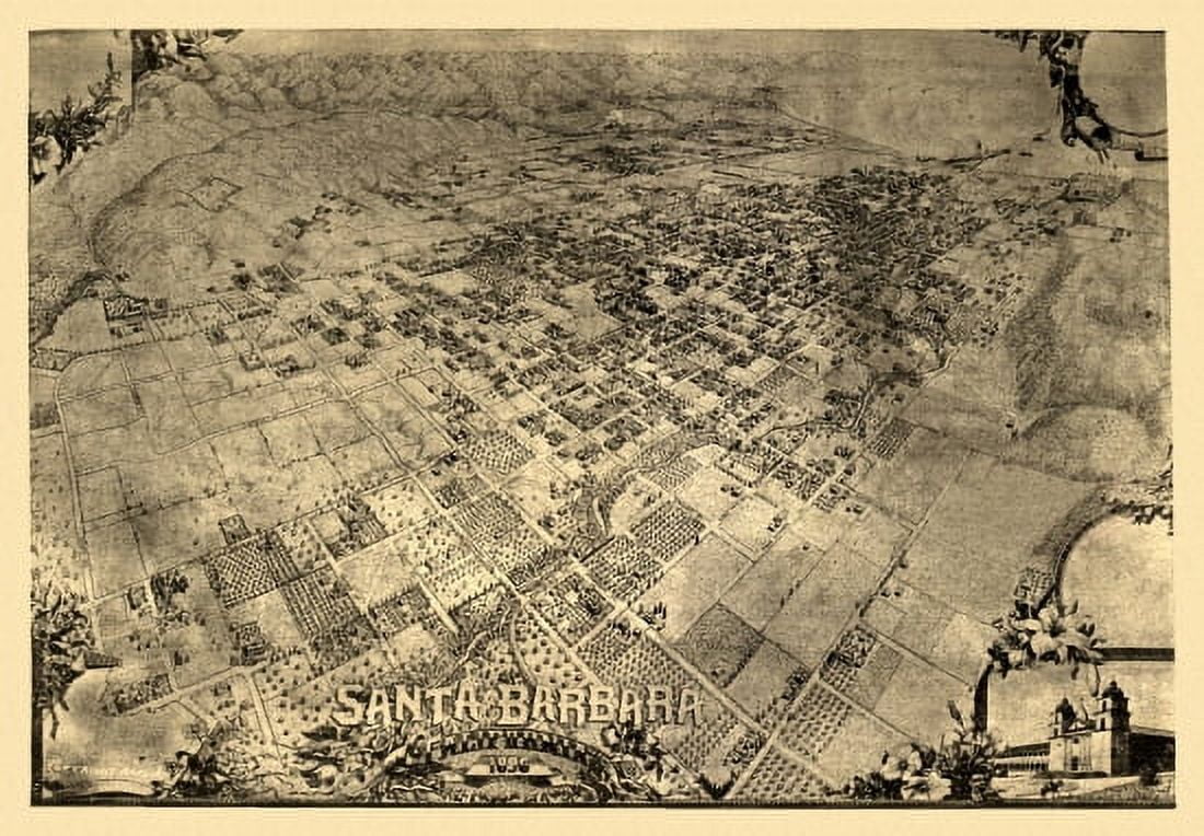 Vintage Map of Santa Barbara California 1896 Santa Barbara County Canvas Art - (24 x 36)