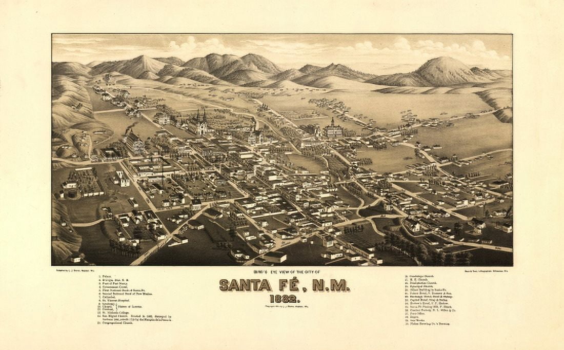 Vintage Map of Santa Fe New Mexico 1882 Santa Fe County Canvas Art - (24 x 36)