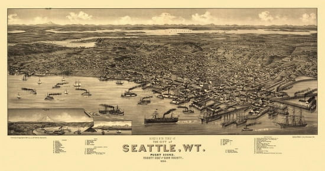 Vintage Map of Seattle Washington 1884 King County Canvas Art - (36 x 54)
