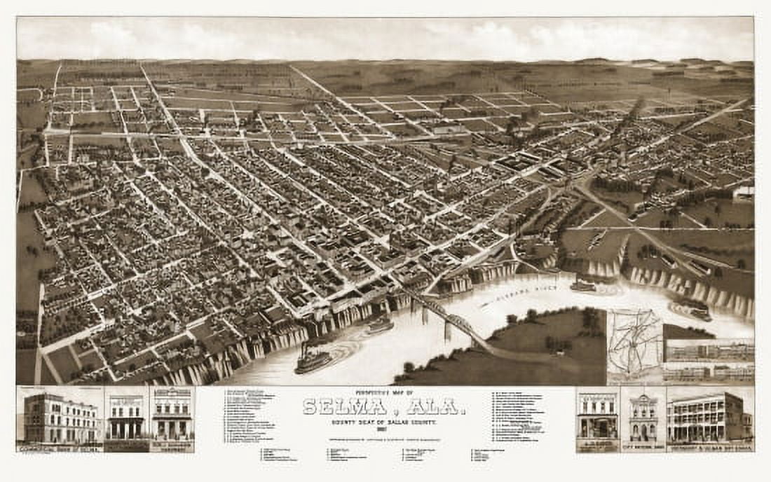 Vintage Map of Selma Alabama 1887 Dallas County Canvas Art - (36 x 54)