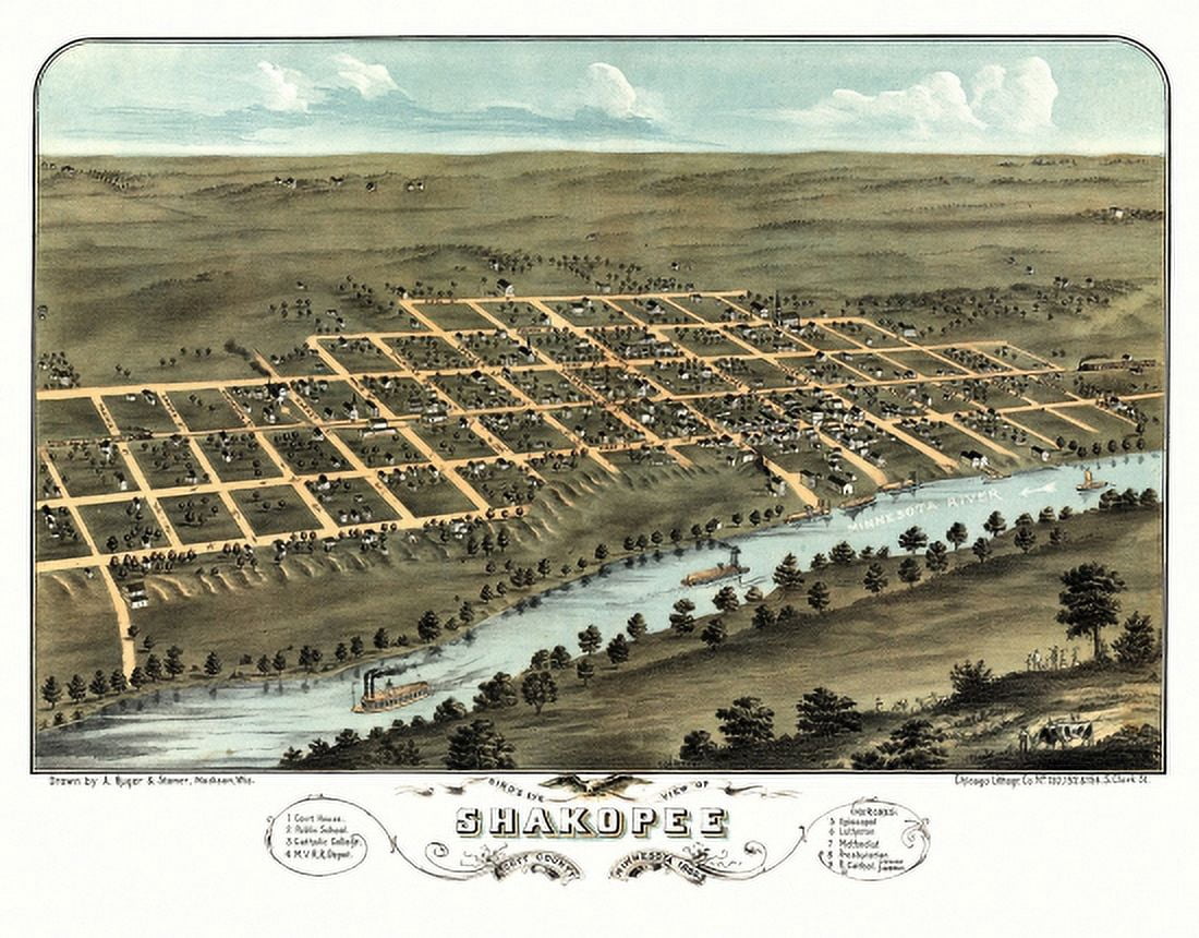 Vintage Map of Shakopee Minnesota 1869 Scott County Canvas Art - (18 x 24)