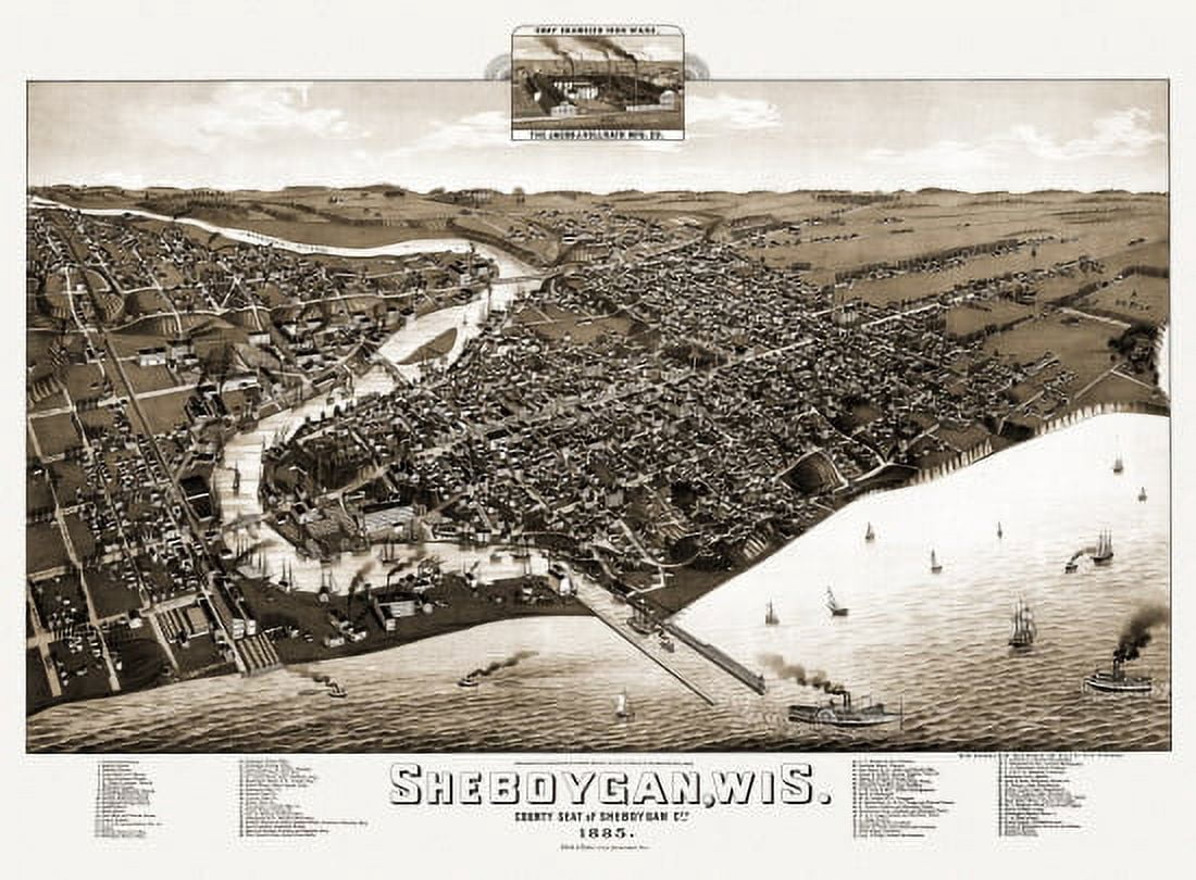 Vintage Map of Sheboygan Wisconsin 1885 Sheboygan County Canvas Art - (24 x 36)