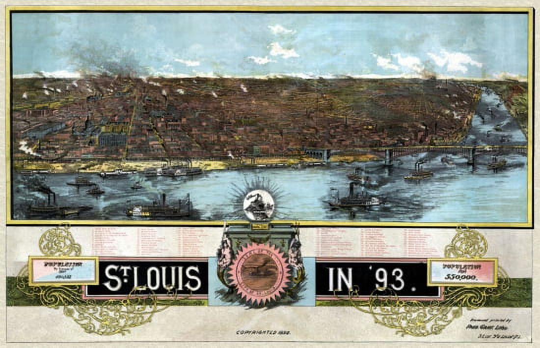 Vintage Map of St Louis Missouri 1892 St Louis City County Canvas Art - (36 x 54)