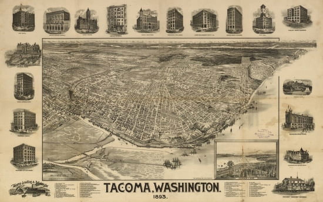Vintage Map of Tacoma Washington 1893 Pierce County Canvas Art - (24 x 36)