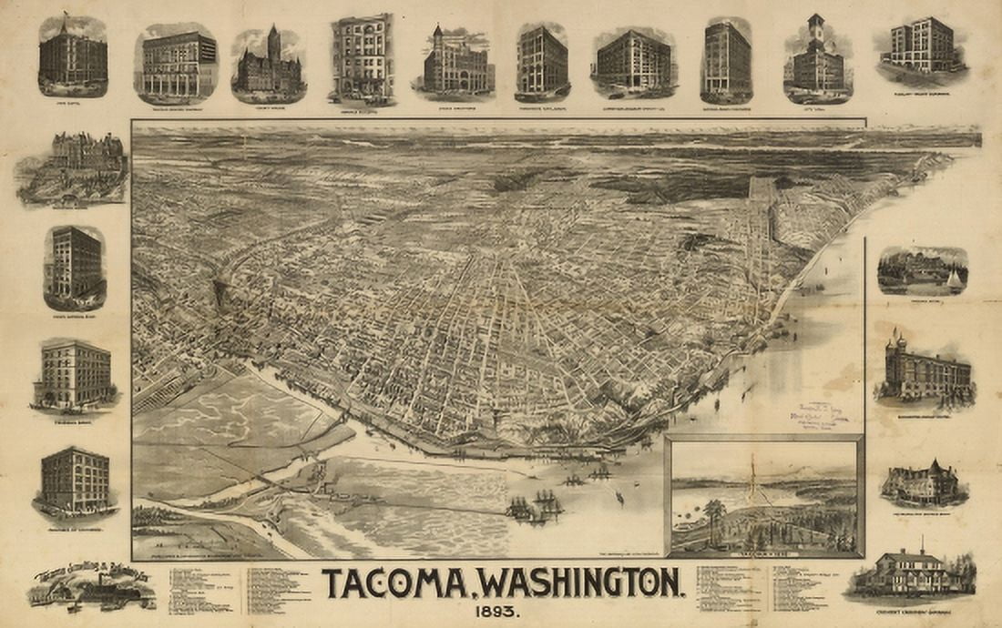 Vintage Map of Tacoma Washington 1893 Pierce County Canvas Art - (36 x 54)