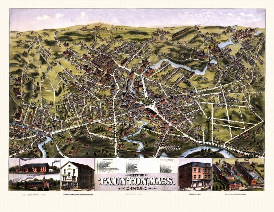 Vintage Map of Taunton Massachusetts 1875 Bristol County Canvas Art -  (24 x 36)
