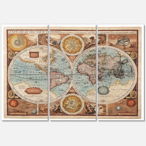 Designart ' Vintage Map of The World VIII ' Vintage Canvas Wall Art Print