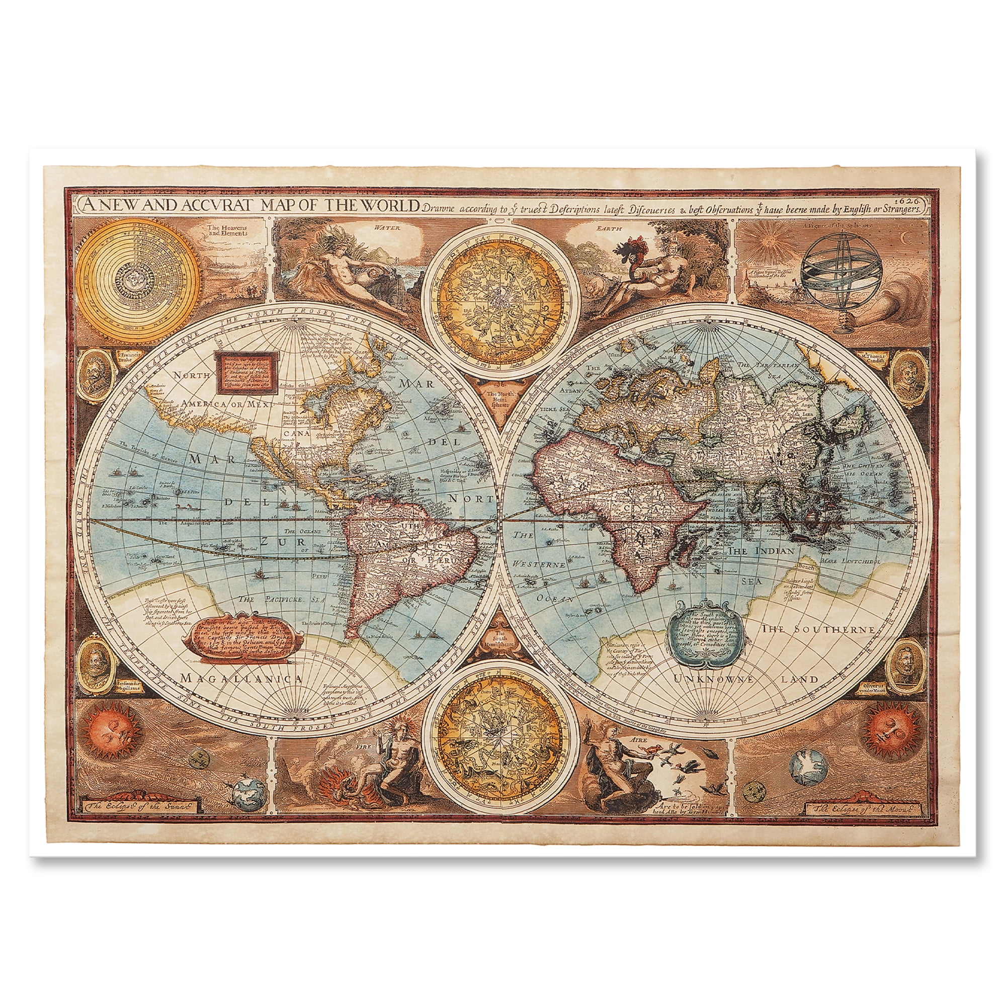 Vintage Map of The World VIII 32 in x 16 in Painting Canvas Art Print, by Designart