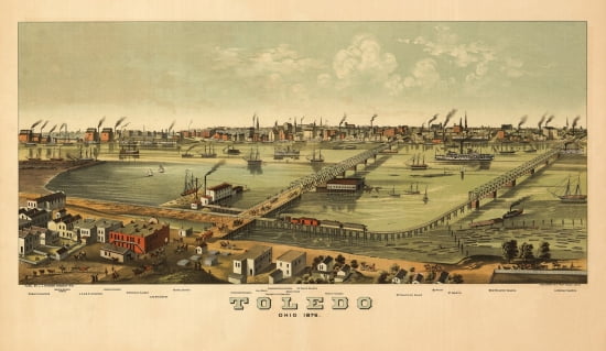 Vintage Map of Toledo Ohio 1876 Lucas County Canvas Art - (18 x 24)