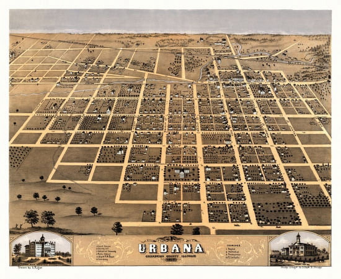 Vintage Map of Urbana Illinois 1869 Champaign County Canvas Art - (24 x 36)