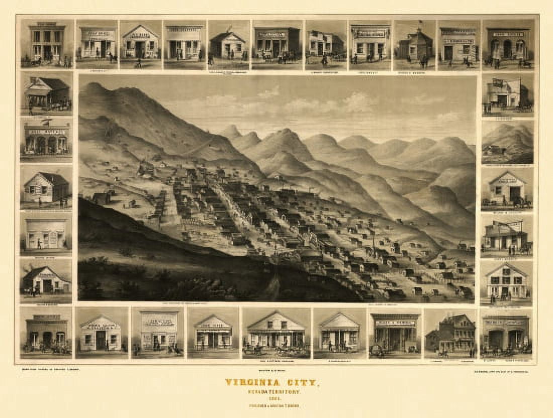 Vintage Map of Virginia City Nevada 1861 Storey County Canvas Art - (18 x 24)
