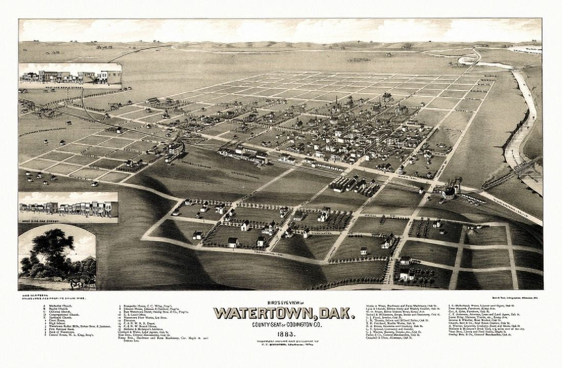 Vintage Map of Watertown South Dakota 1883 Codington County Canvas Art - (24 x 36)