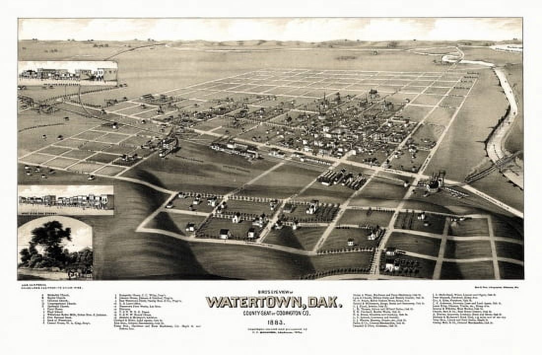 Vintage Map of Watertown South Dakota 1883 Codington County Canvas Art - (36 x 54)