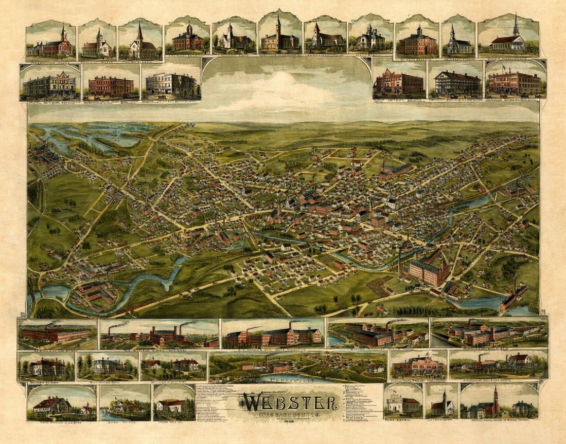 Vintage Map of Webster Massachusetts 1892 Worcester County Canvas Art - (24 x 36)