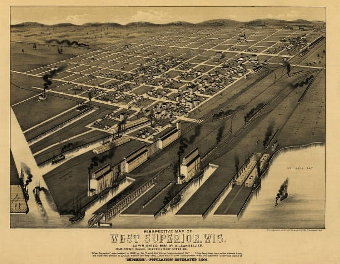 Vintage Map of West Superior Wisconsin 1887 Douglas County Canvas Art - (24 x 36)