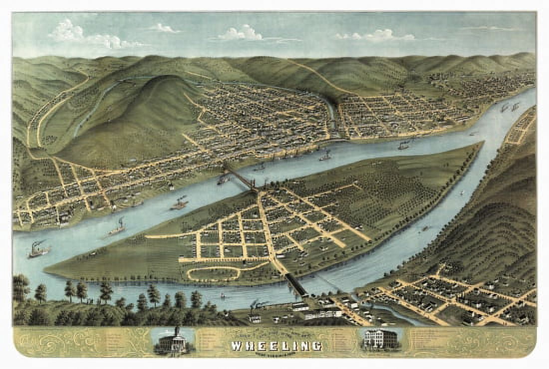 Vintage Map of Wheeling West Virginia 1870 Cook County Canvas Art - (24 x 36)