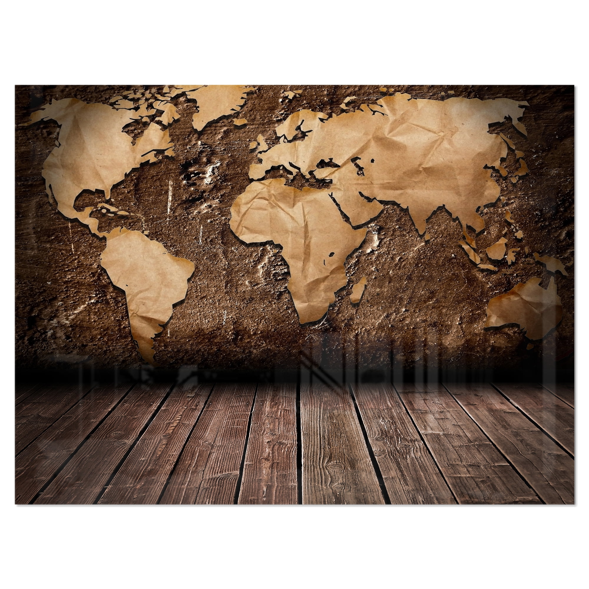 Vintage Map with Wooden Floor 40.00" x 30.00" Painting Art Prints, by Designart