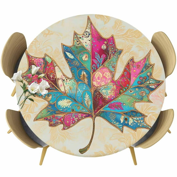 Vintage Maple Leaf Round Tablecloth 36-44 Inch Round Fitted Table Cloth with Elastic Edge, Summer Autumn Leaves Botanical Waterproof Table Cover Protector for Outdoor Picnic Party Dining