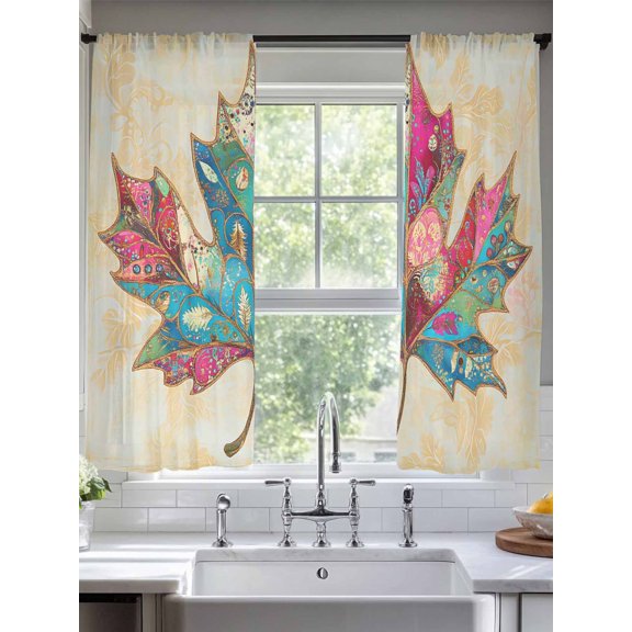 Vintage Maple Leaf Sheer Curtains for Living Room Bedroom Summer Autumn Leaves Botanical Sheer Curtains 63 Inch Long 2 Panels Set Light Filtering Curtain Window Treatments Drapes for Dining Room