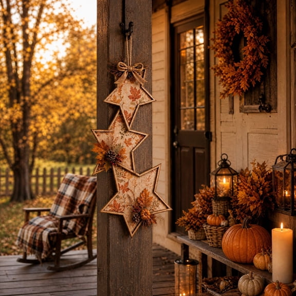 Vintage Maple Leaf Three Star Hanging Ornament, Fall Themed Decor for Car Mirror Backpack Bag Home Porch Wall Door Display