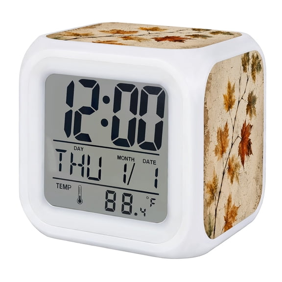 Vintage Maple Leaves Fall Digital Alarm Clock for Bedrooms,Smart LED Alarm Clock with 7 Color Changing Night Light,Thanksgiving Farm Botanical Silent Wake Up Clocks for Sleep Study Cooking 3.2"x3.2"
